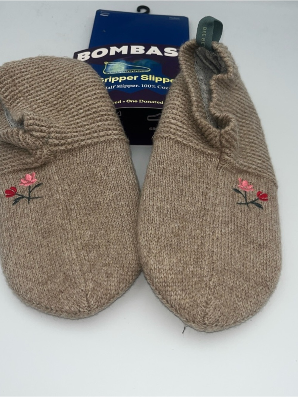 Bombas Tan Cozy Gripping Slippers with Pink & Red Flower Embroidery Medium - Picture 2 of 9